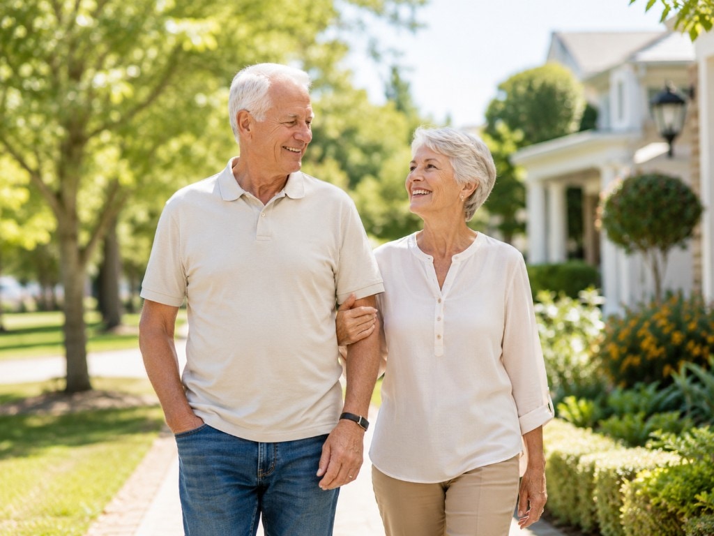 Smiling older couple walking arm-in-arm down a sunlit, tree-lined neighborhood sidewalk
