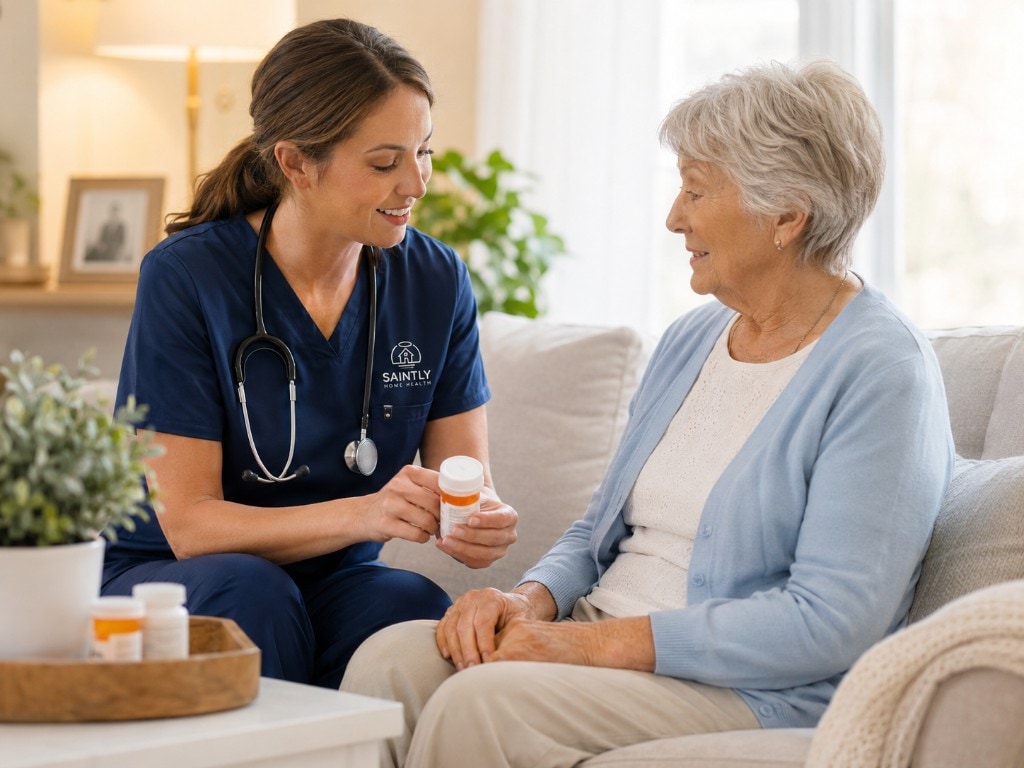Saintly Home Health nurse reviewing medication bottles with an older woman at home