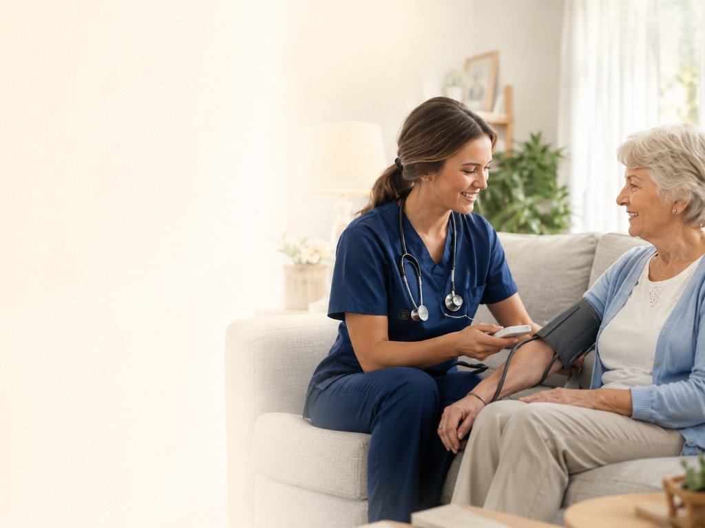 Saintly Home Health nurse taking blood pressure for an older woman in a sunlit living room