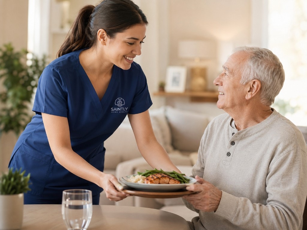 Saintly Home Health aide bringing a warm meal to an older man at his cozy dining table