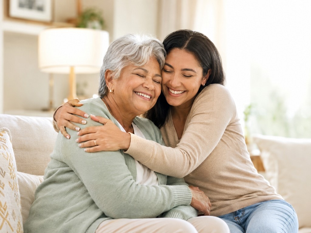 Adult daughter and her older mother sharing a warm embrace on a sunlit living-room couch
