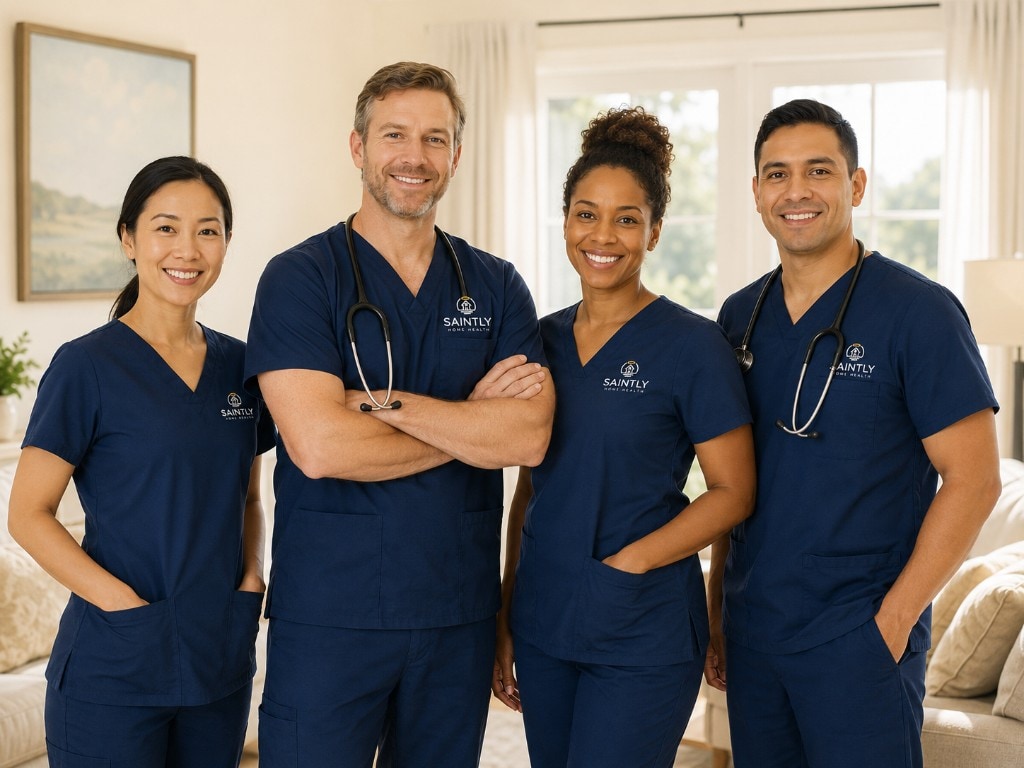 Four Saintly Home Health clinicians smiling in a warm, sunlit home setting