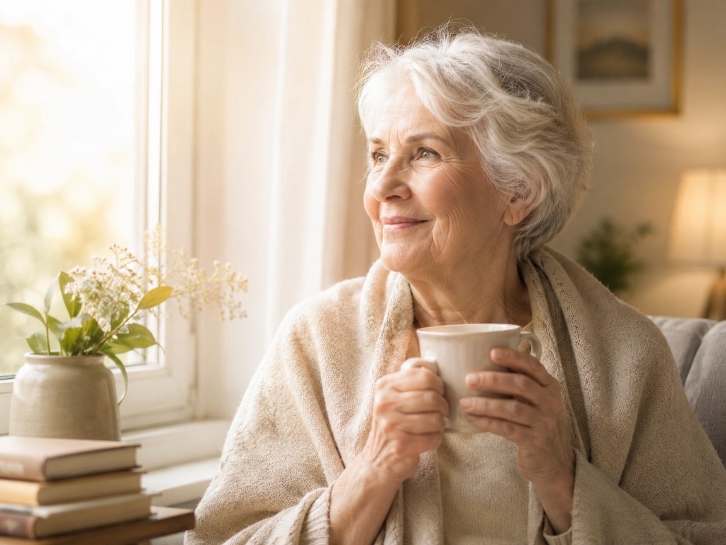 Older woman holding a warm mug while looking peacefully out a sunlit window