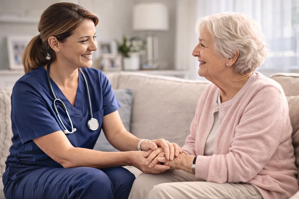 Clinician and patient sharing a warm moment at home