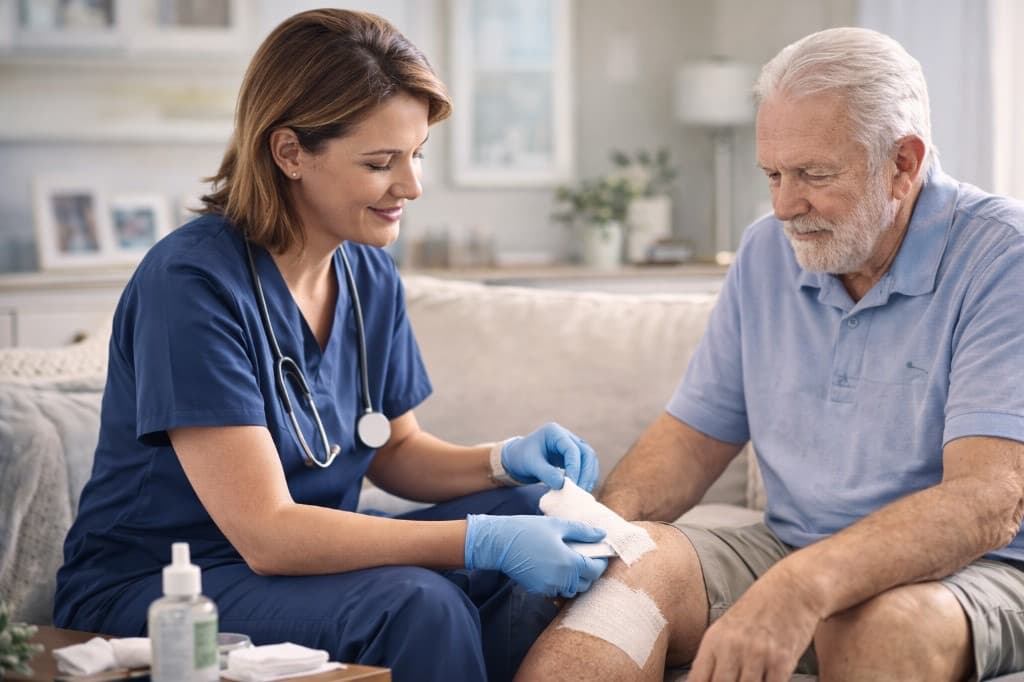 Skilled nurse providing wound care at home